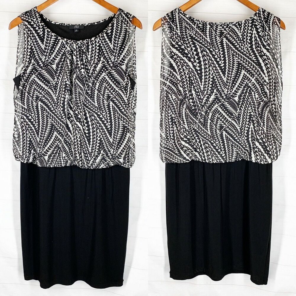 JBS Dress10 Black White Sheath Geometric Sheer Overlay Sleeveless Mini